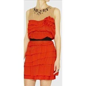 NWT Lanvin X H&M RARE Tiered Silk Illusion Neckline Gem Stud Orange Mini Dress 8